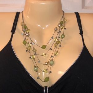 Green & Silver Layered Necklace with Faux Pearls, Beads, and Chains Lime Mint